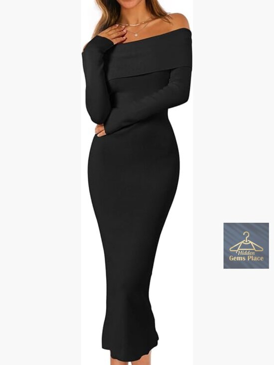 Dresses & Skirts - Long Sleeve Bodycon Sweater Dress Off Shoulder Midi Formal Party